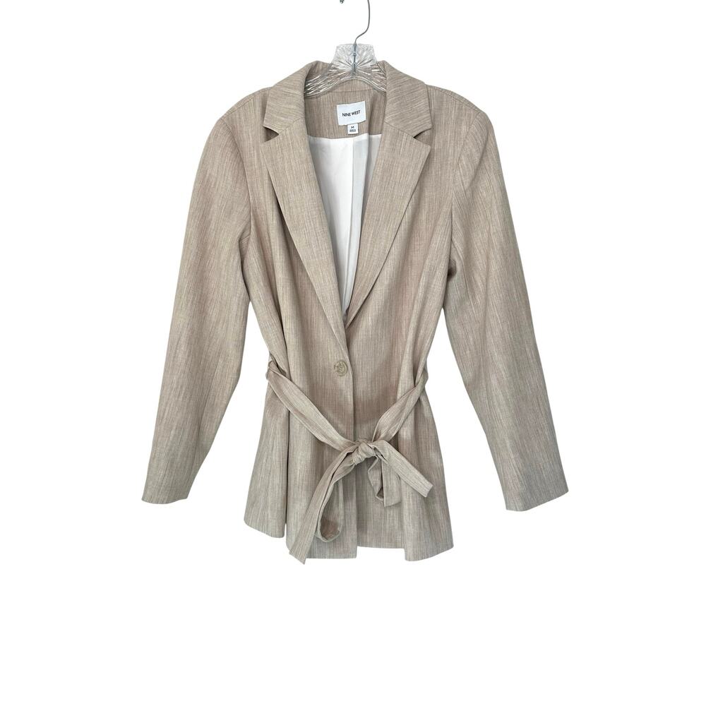 Nine West Blazer Beige Neutral Office Work Career Belted Single Breasted Medium